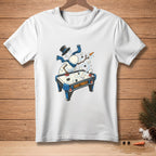 White t-shirt with snowman playing air hockey, reading "FAST TABLE".