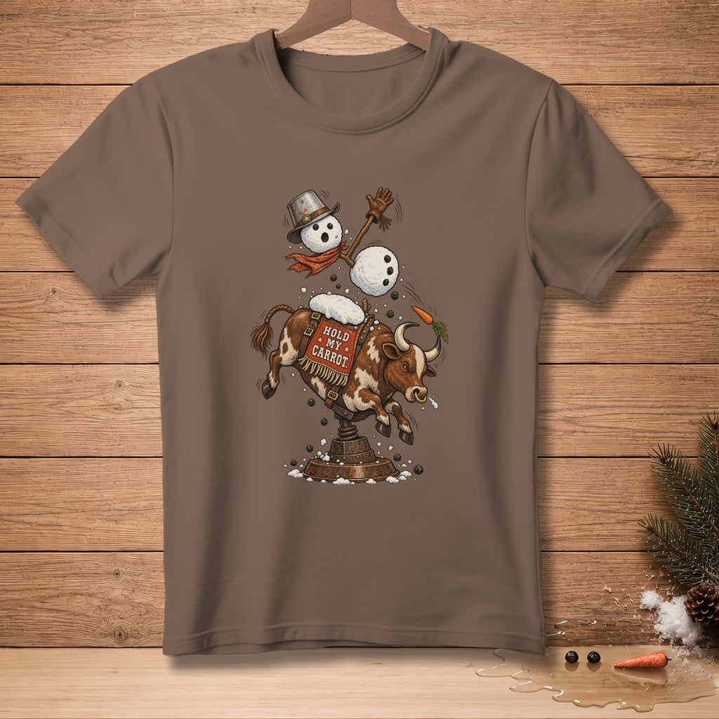 Brown t-shirt featuring a bull riding a bucking machine, with a snowman holding a carrot.