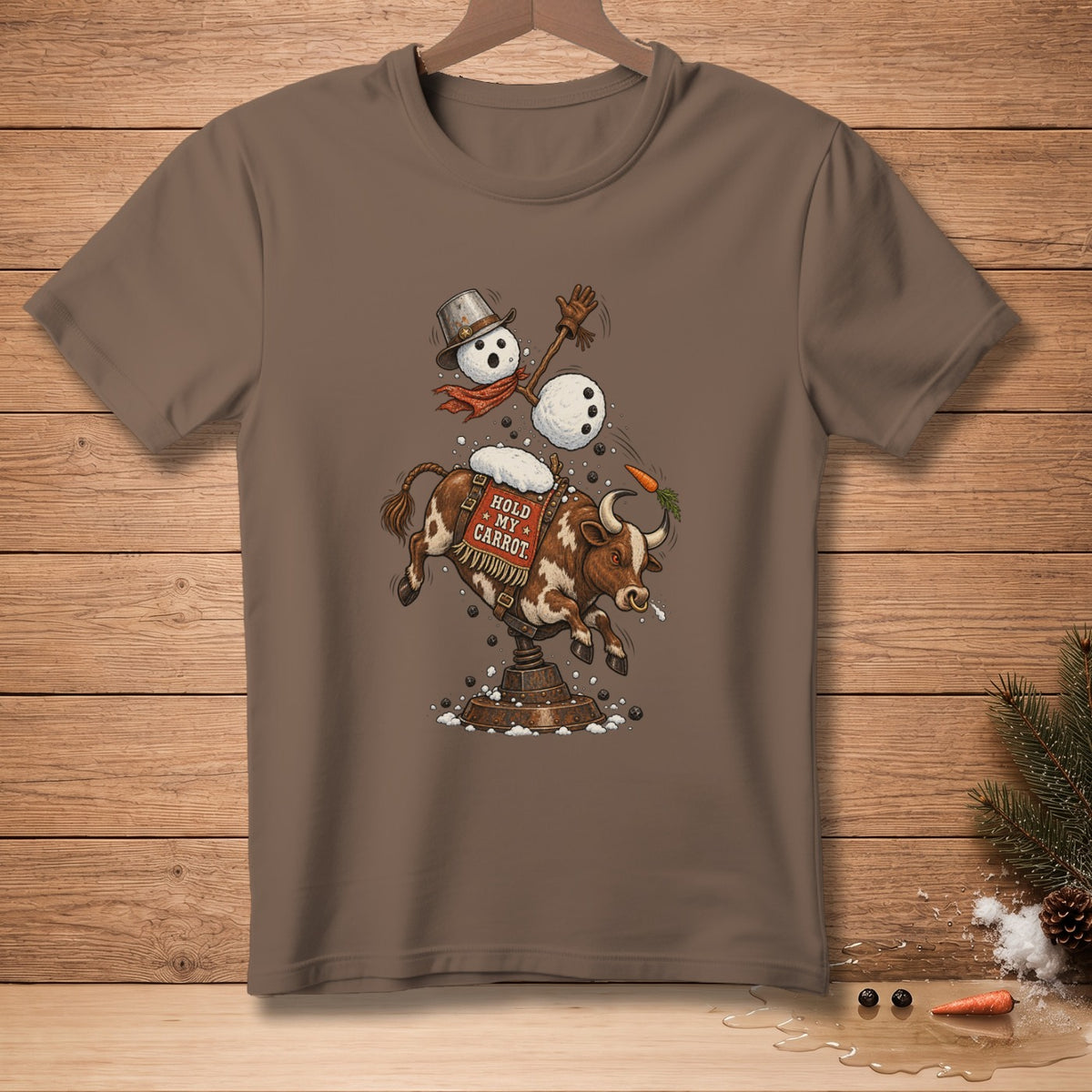Brown t-shirt featuring a bull riding a bucking machine, with a snowman holding a carrot.