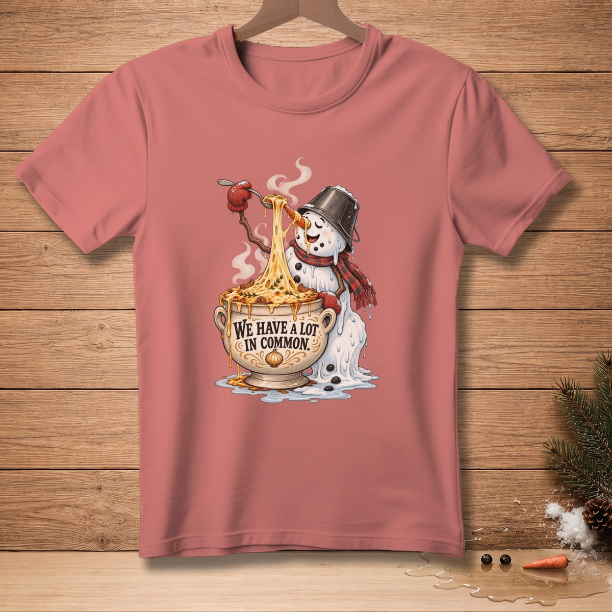 Snowman eating spaghetti with text "WE HAVE A LOT IN COMMON."