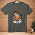 Melting snowman in Hawaiian shirt with parrot and drink, reads "SAVE SOME FOR ME."