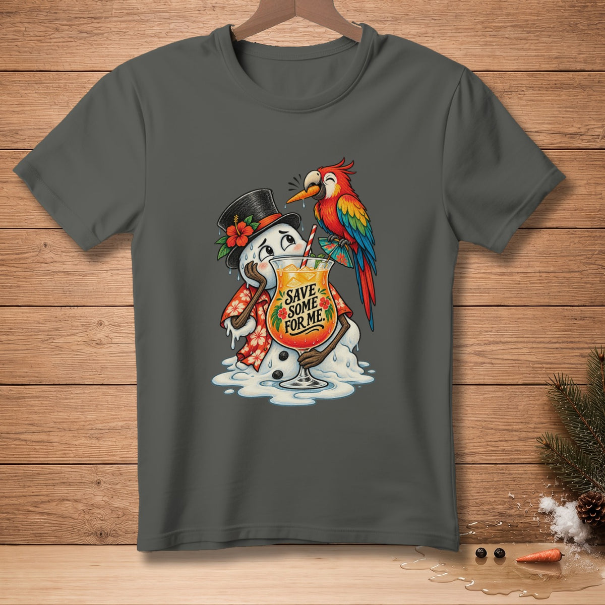 Melting snowman in Hawaiian shirt with parrot and drink, reads "SAVE SOME FOR ME."