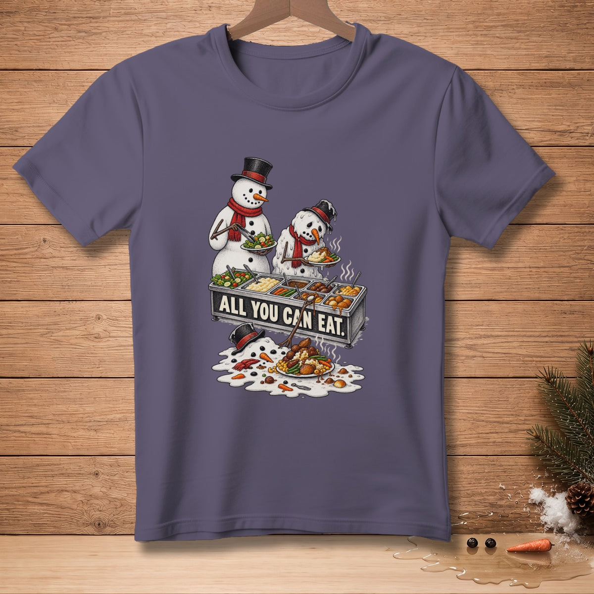 Two snowmen at a buffet with text "ALL YOU CAN EAT."