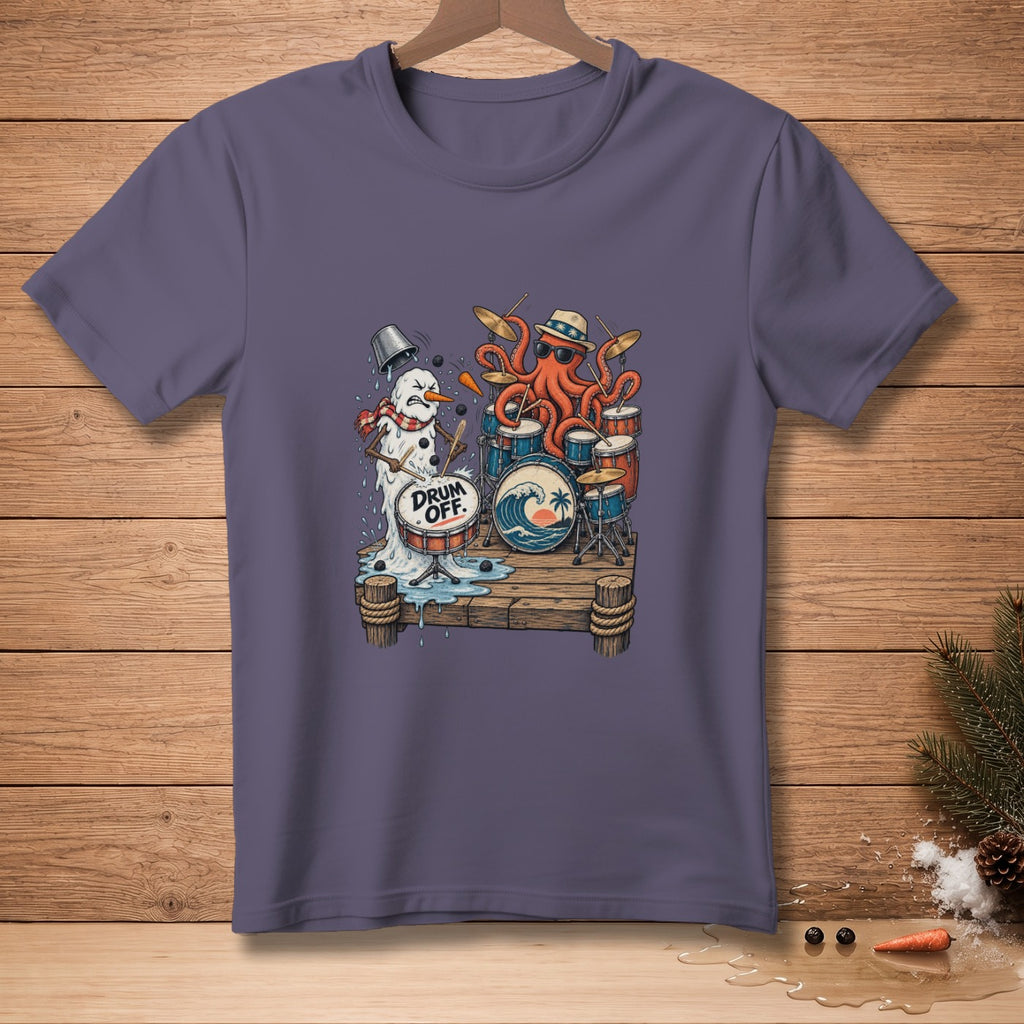 Melting snowman and octopus play drums on a pier with "DRUM OFF." text.