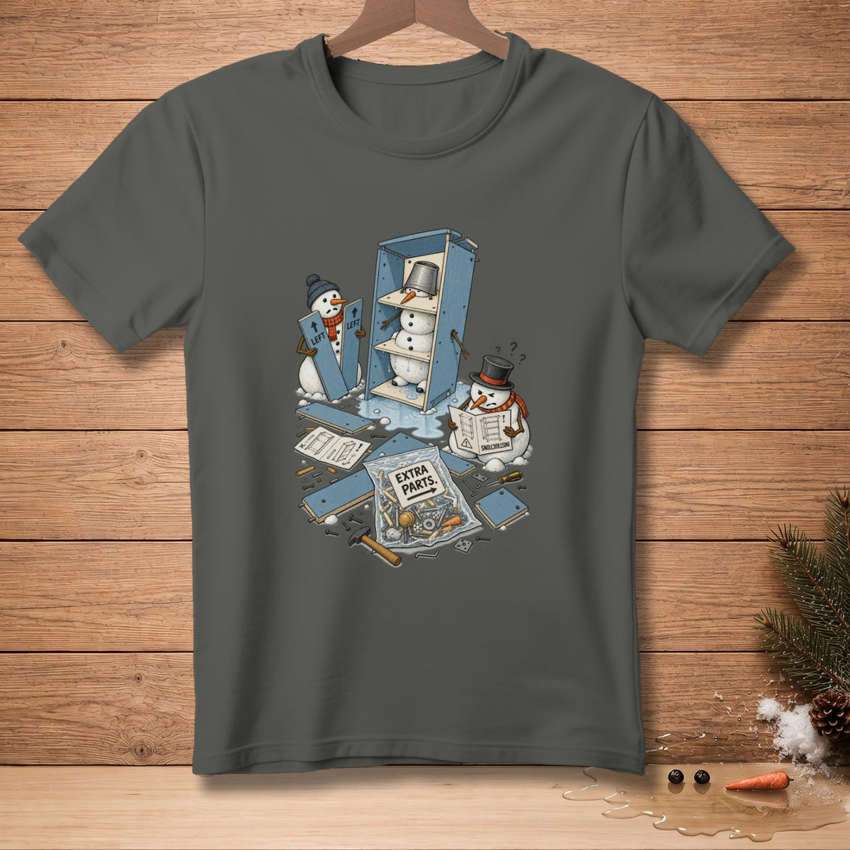Snowmen assemble flat-pack furniture with instructions and extra parts.