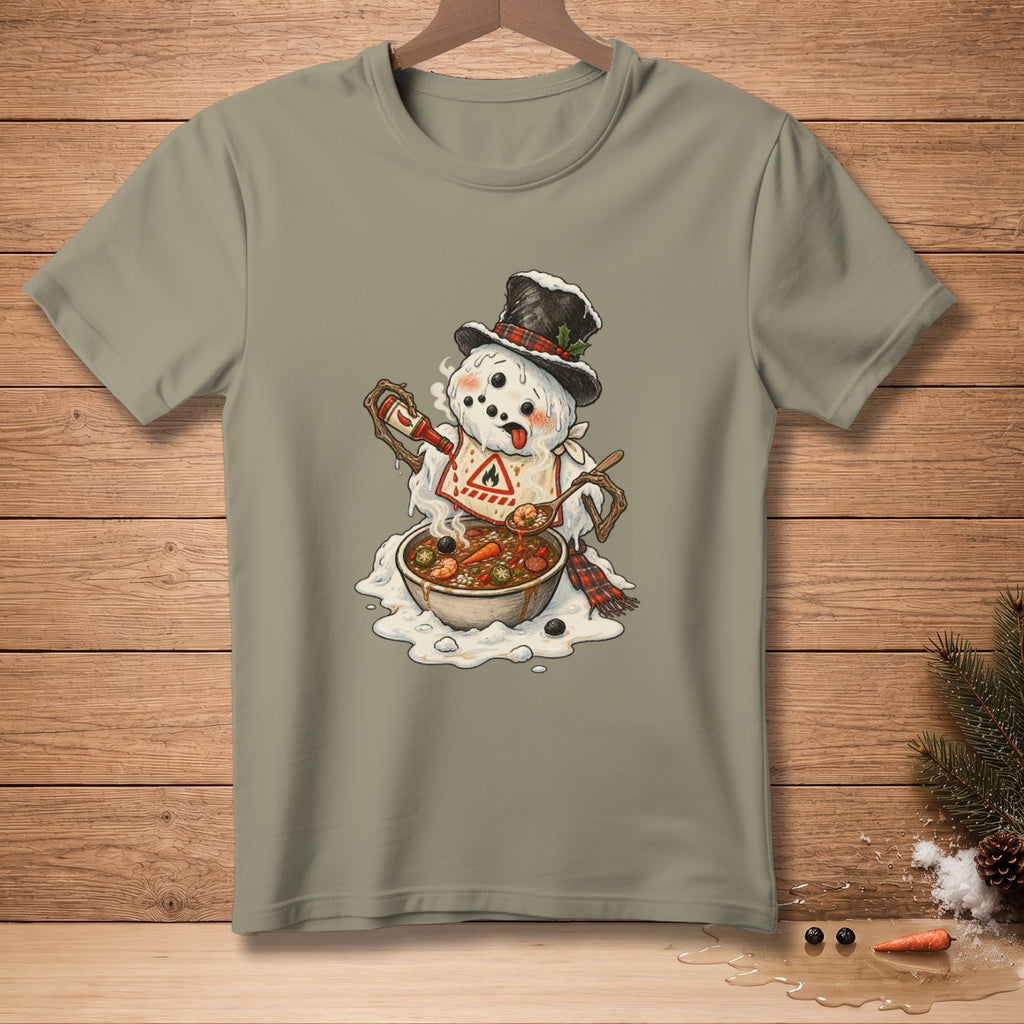 Snowman in a hat eating chili with a spoon from a bowl, holding a hot sauce bottle.
