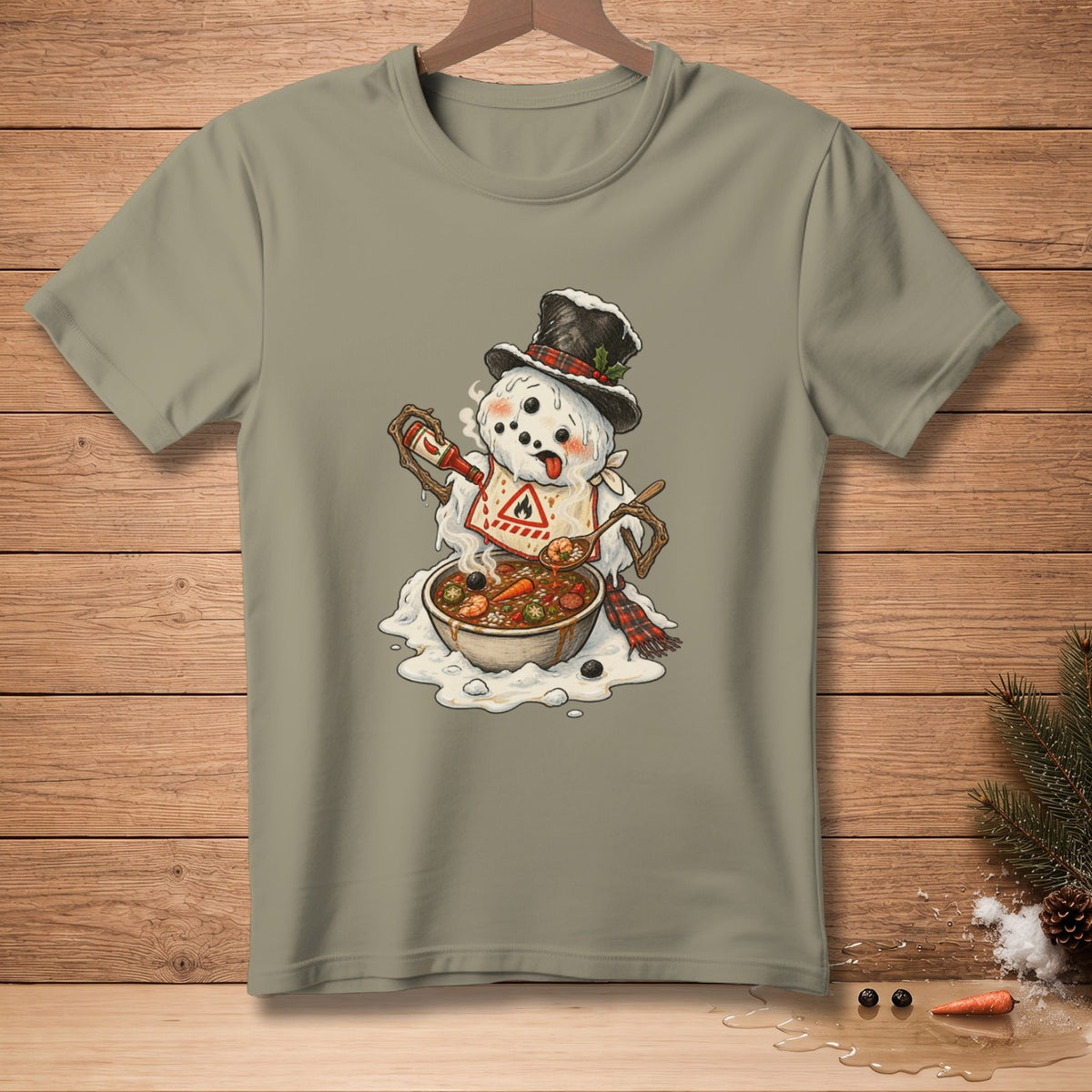 Snowman in a hat eating chili with a spoon from a bowl, holding a hot sauce bottle.