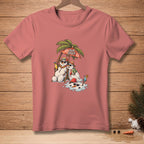 Two melting snowmen relax under a palm tree umbrella on a pink t-shirt.