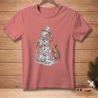 Melting geometric snowman with hat and scarf beside an armadillo.