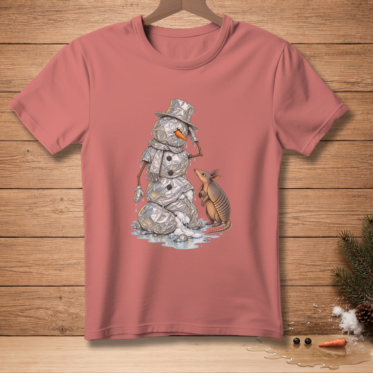 Melting geometric snowman with hat and scarf beside an armadillo.