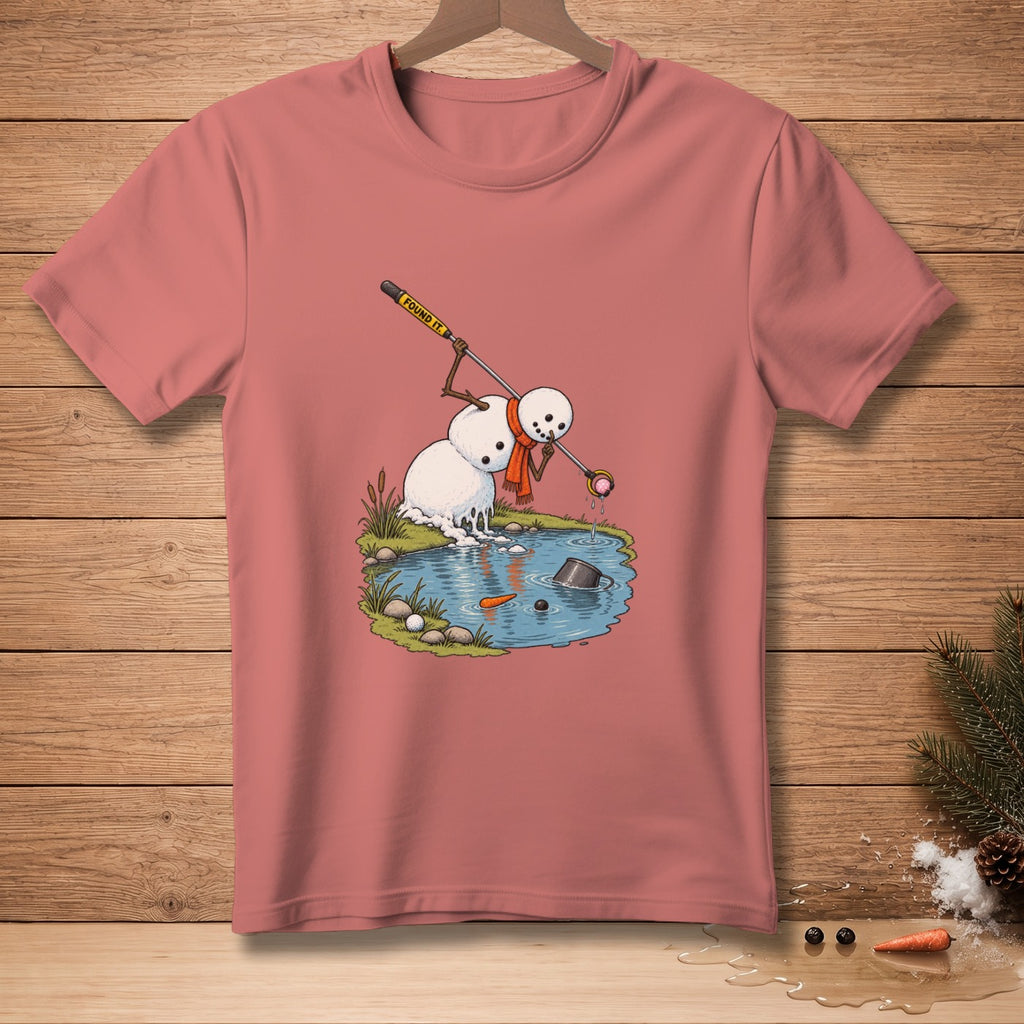 Snowman fishing with a golf club that reads "Found it."