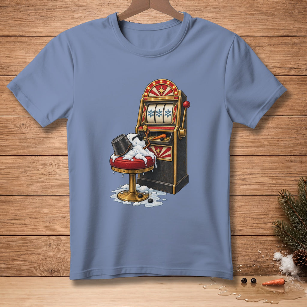 Snowman melting on stool next to a slot machine with snowflakes and carrots.