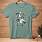 T-shirt with a snowman astronaut floating in space, holding a carrot.