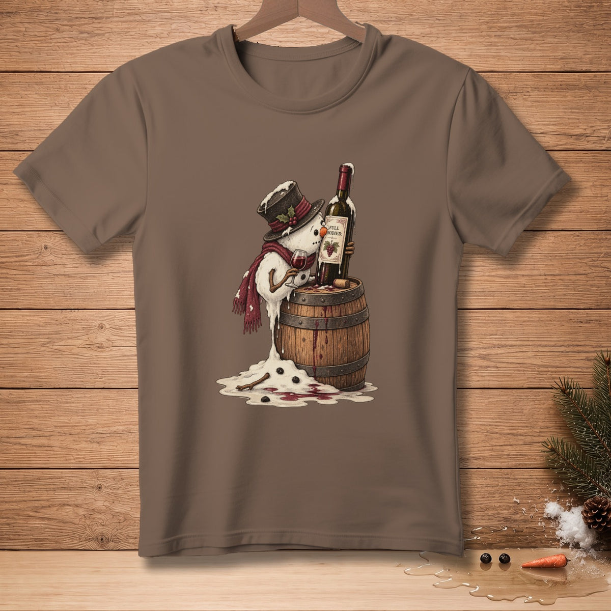 Melting snowman in a top hat drinks wine from a barrel.