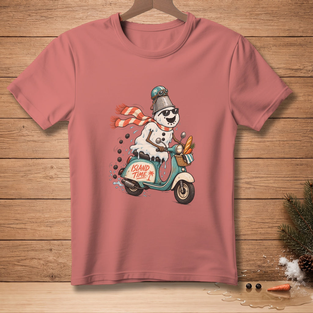 Snowman in sunglasses riding a scooter with text "Island Time" on the shirt.
