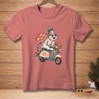 Snowman in sunglasses riding a scooter with text "Island Time" on the shirt.