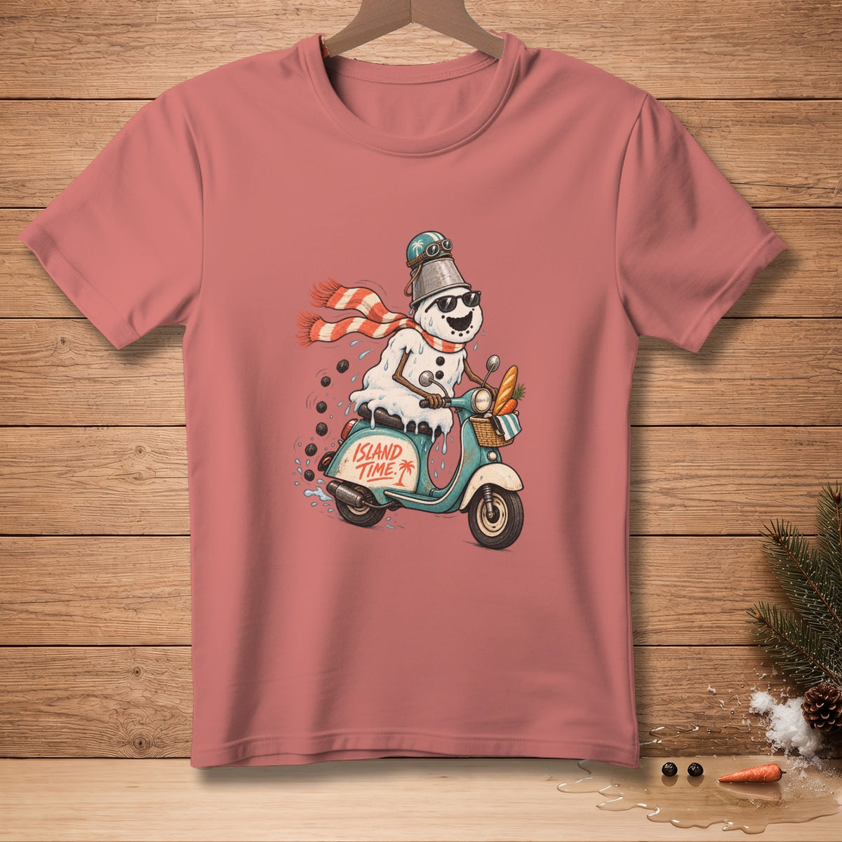 Snowman in sunglasses riding a scooter with text "Island Time" on the shirt.