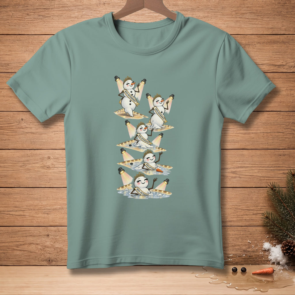 T-shirt graphic of melting snowmen in a beauty pageant, wearing sashes and crowns.