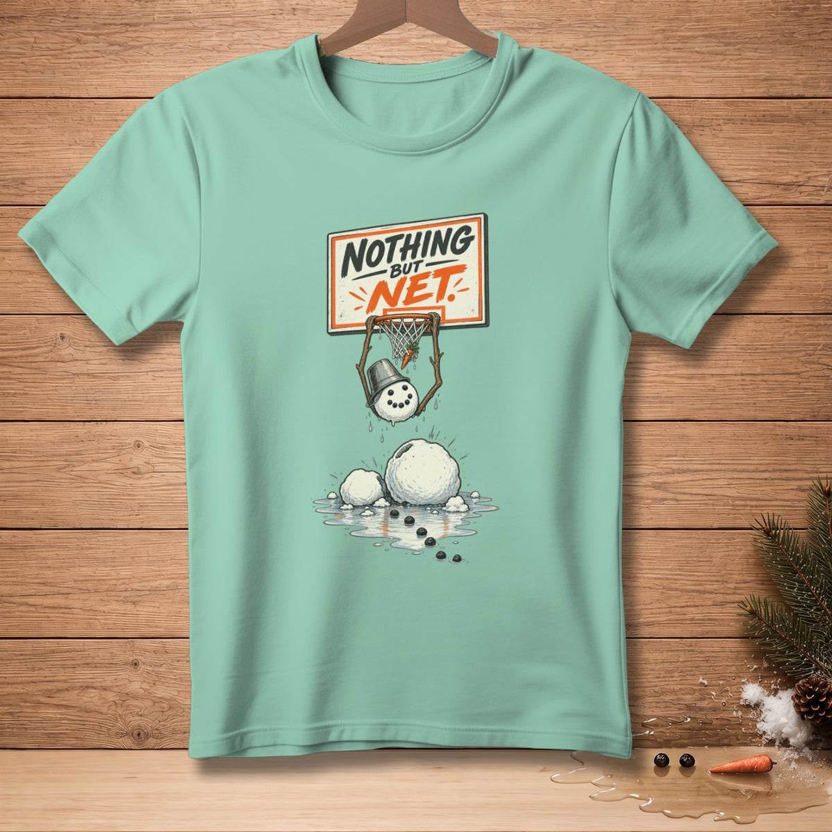 Snowman head falling through a basketball net with "Nothing But Net" text.