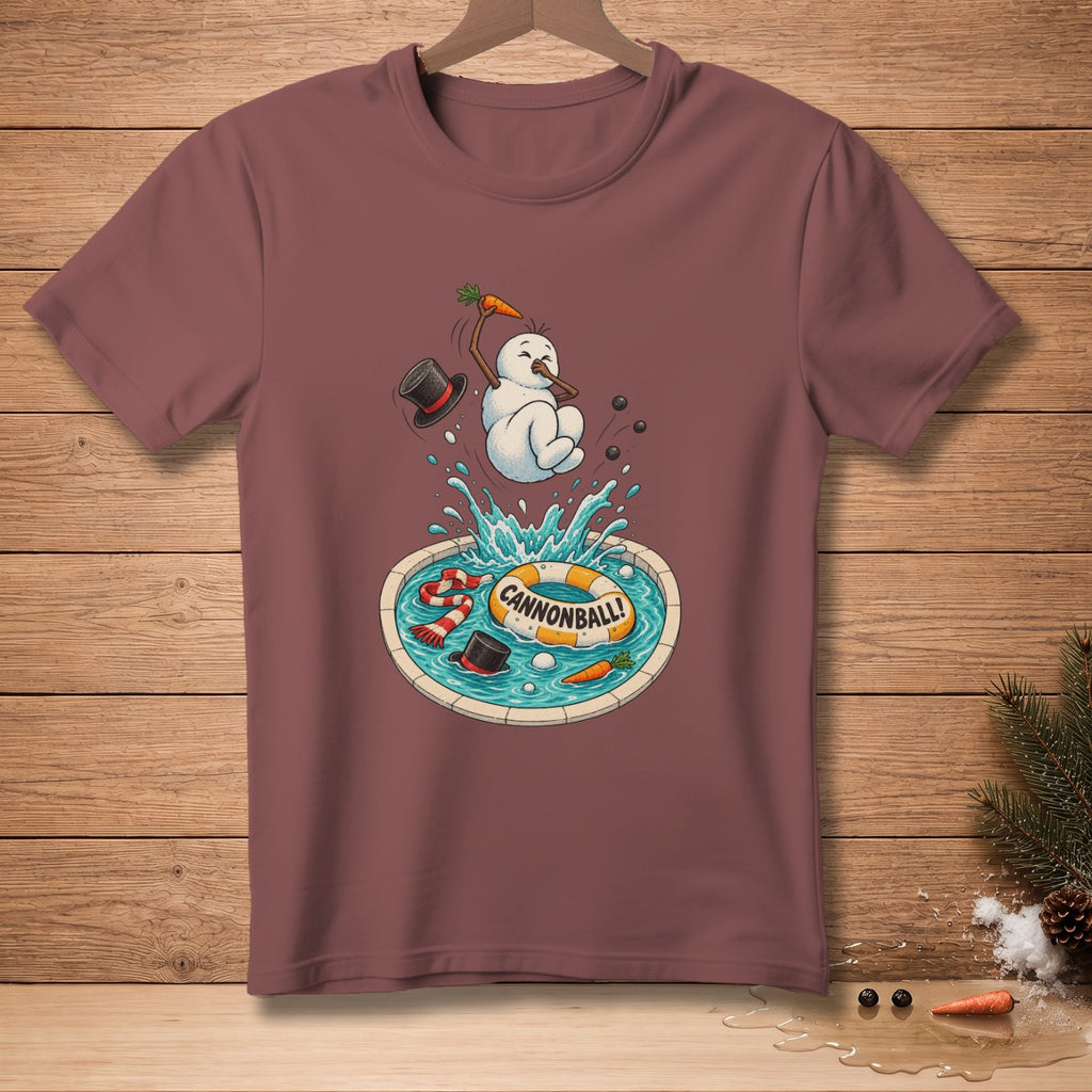 Snowman jumping into pool with scarf, top hat, and life preserver labeled "Cannonball!".