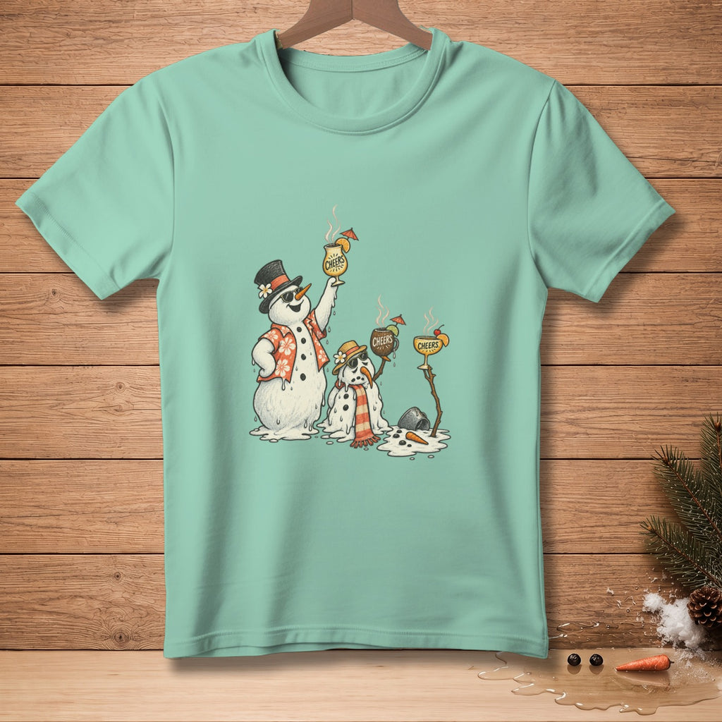 Three melting snowmen in Hawaiian shirts and hats toast with cocktails.