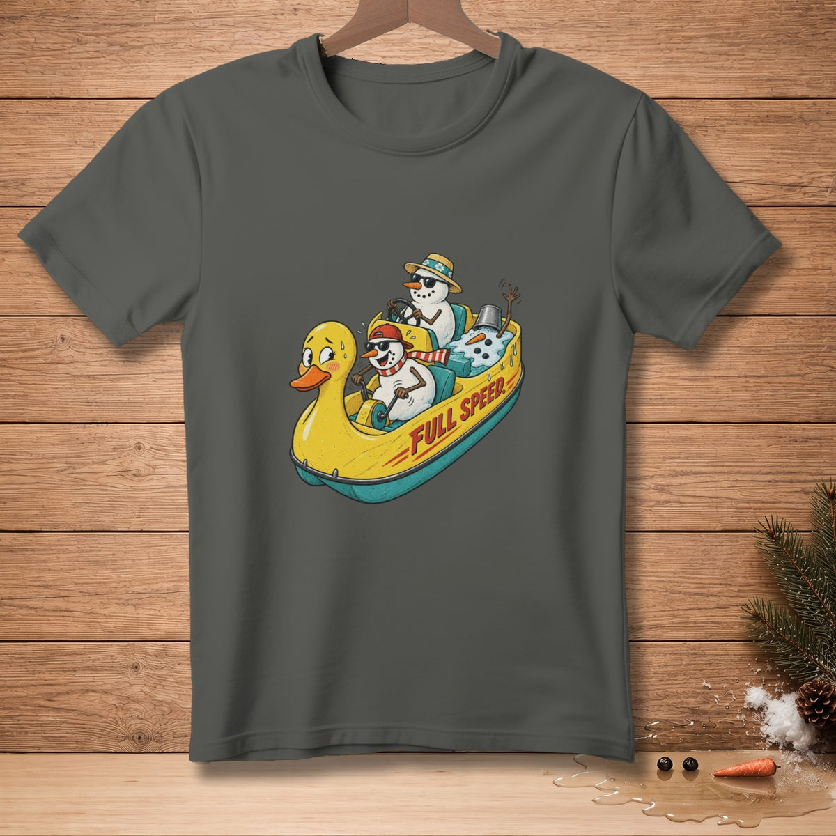 Two snowmen and a duck ride in a yellow inflatable with "Full Speed" text.
