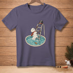Melting snowman climbing ladder into pool, with "ALMOST" text.