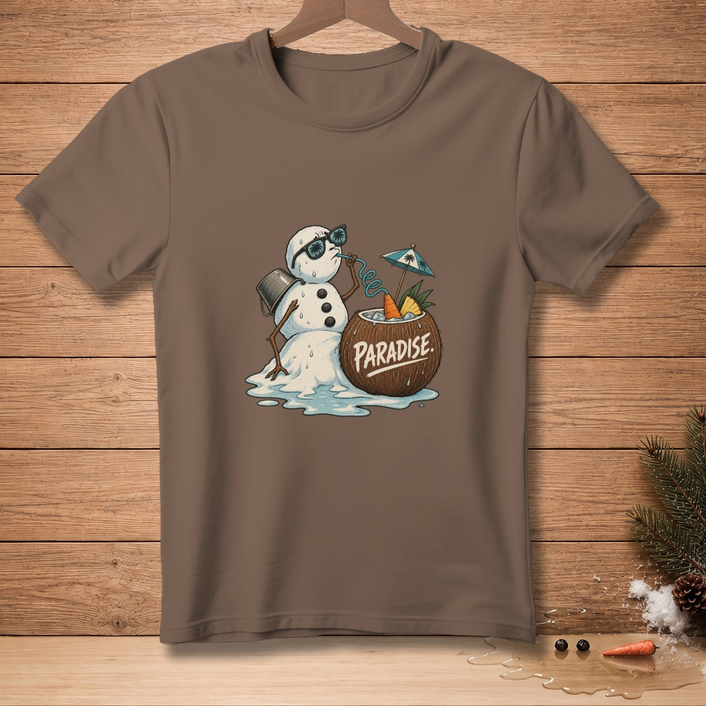 Melting snowman with sunglasses drinks from a coconut with the word PARADISE.