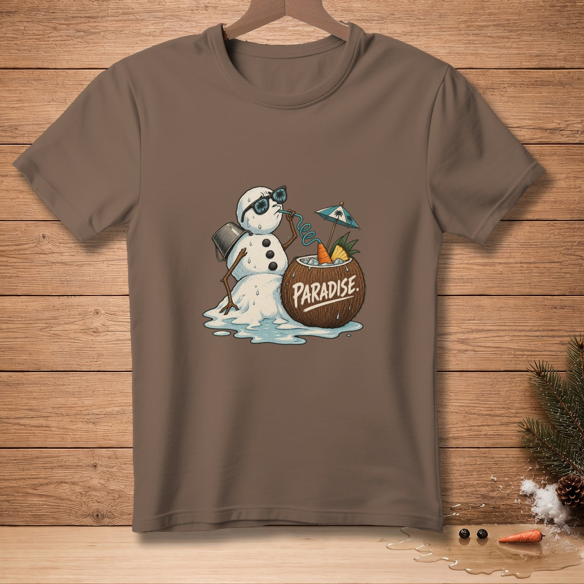 Melting snowman with sunglasses drinks from a coconut with the word PARADISE.