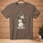 Brown t-shirt featuring a snowman cocktail shaker with olives and ice.
