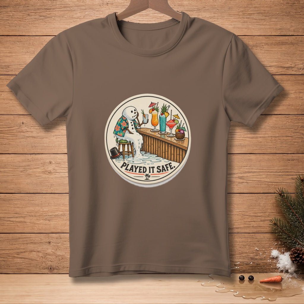 T-shirt featuring a melting snowman at a bar with cocktails, text "PLAYED IT SAFE."