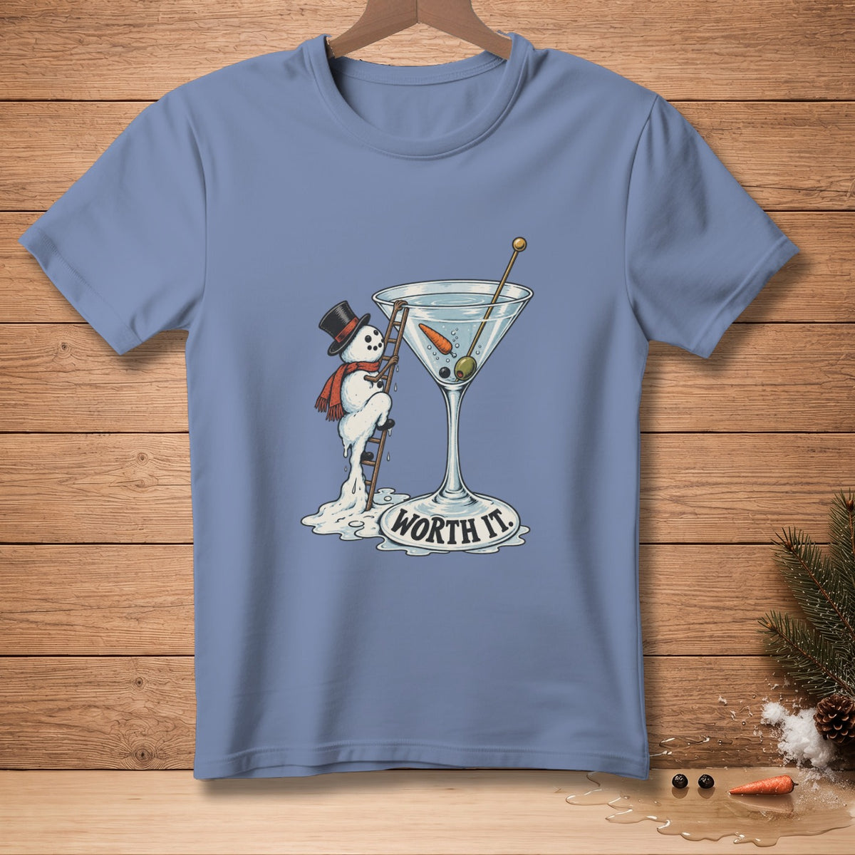 Snowman in a top hat climbing a ladder into a martini glass with text "Worth It."