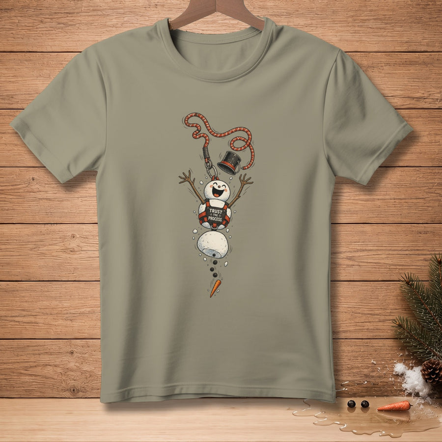 T-shirt with a melting snowman illustration and "Trust the process" text.