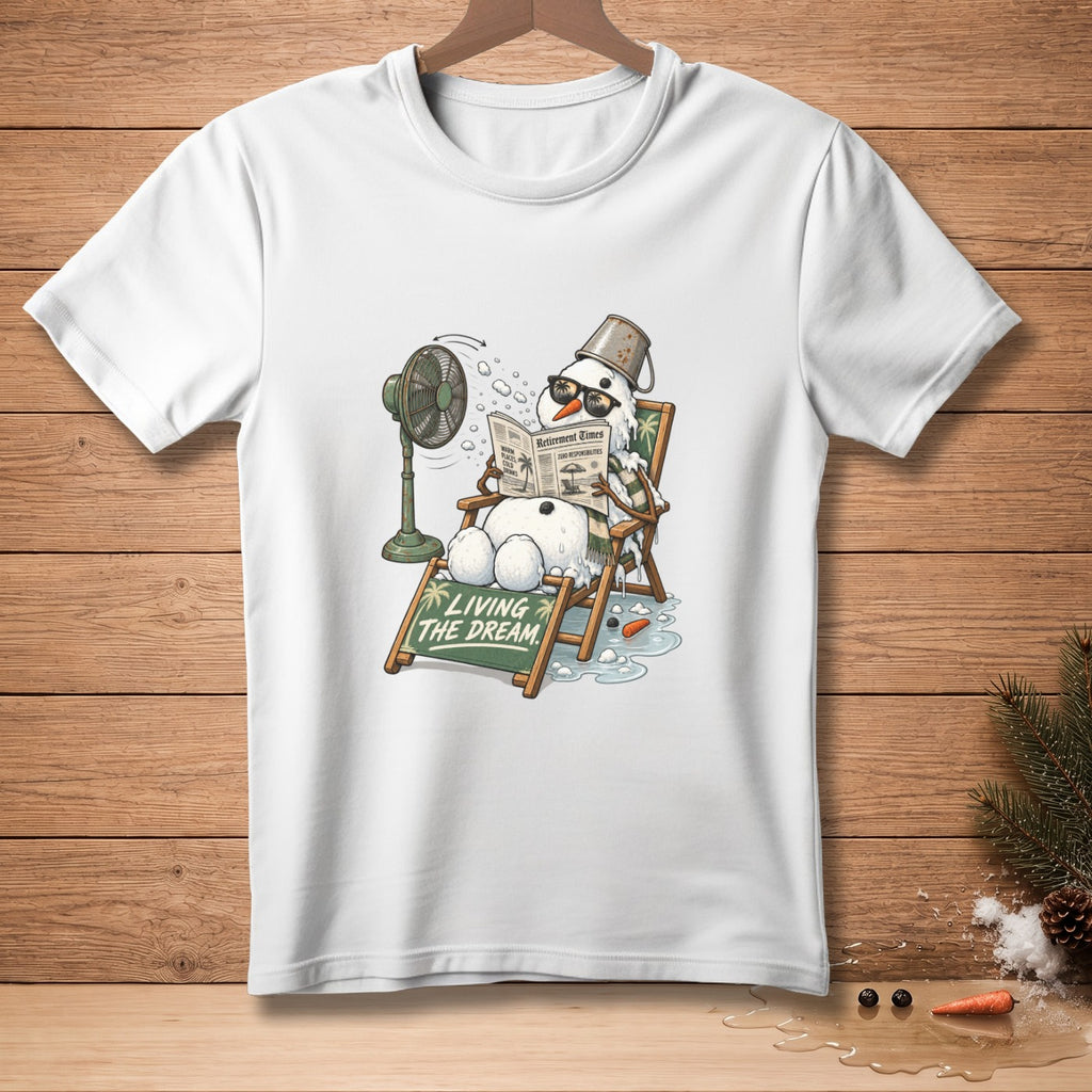 Snowman relaxing in a deck chair reading "Retirement Times" with "Living the Dream" text.