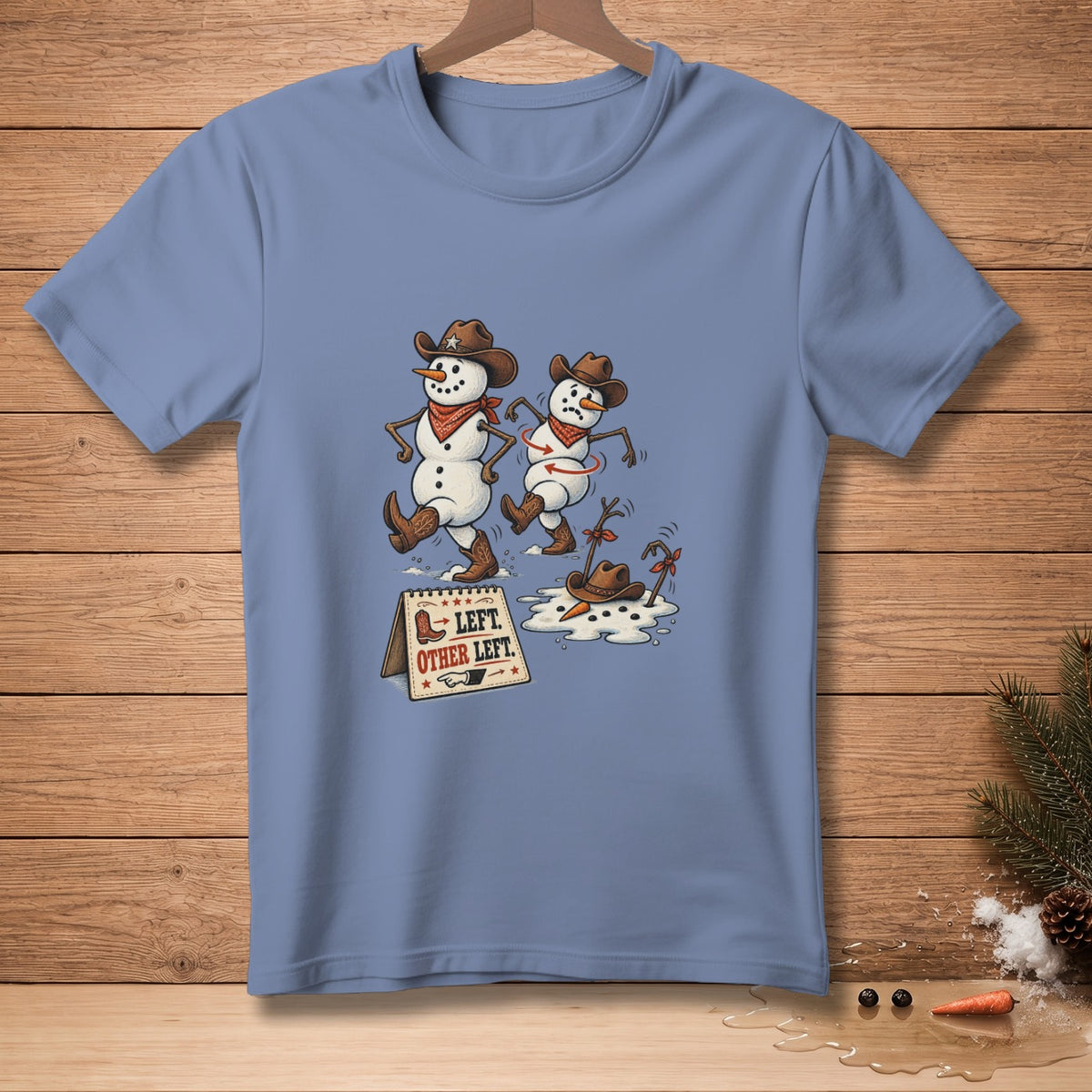 Two cowboy snowmen dancing with a sign reading "Left, Other Left".