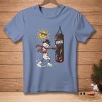 Snowman boxer wearing a top hat and scarf punches a boxing bag that says "Winning."