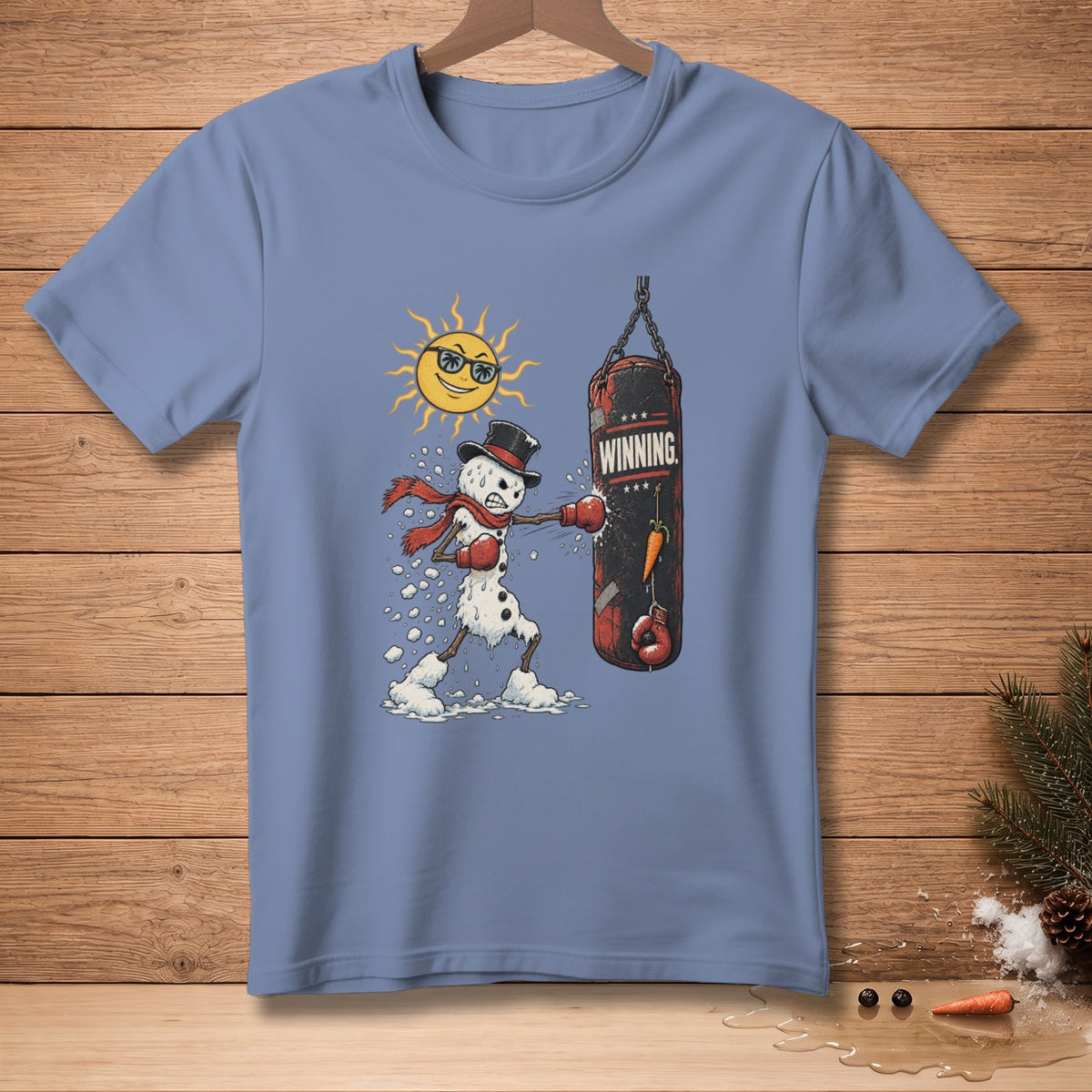 Snowman boxer wearing a top hat and scarf punches a boxing bag that says "Winning."