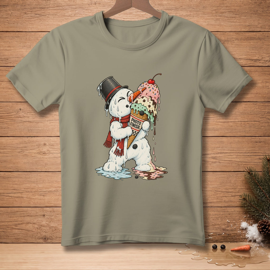 Melting snowman in top hat holds dripping ice cream cone with "PHOTO FINISH" text.