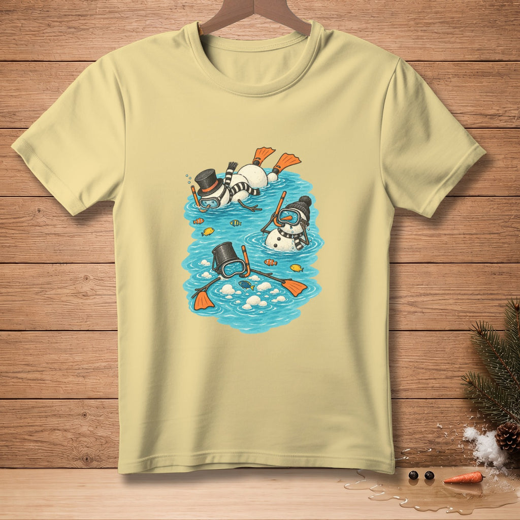 Light yellow t-shirt featuring three snowmen snorkeling with fish and flippers.