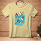 Light yellow t-shirt featuring three snowmen snorkeling with fish and flippers.