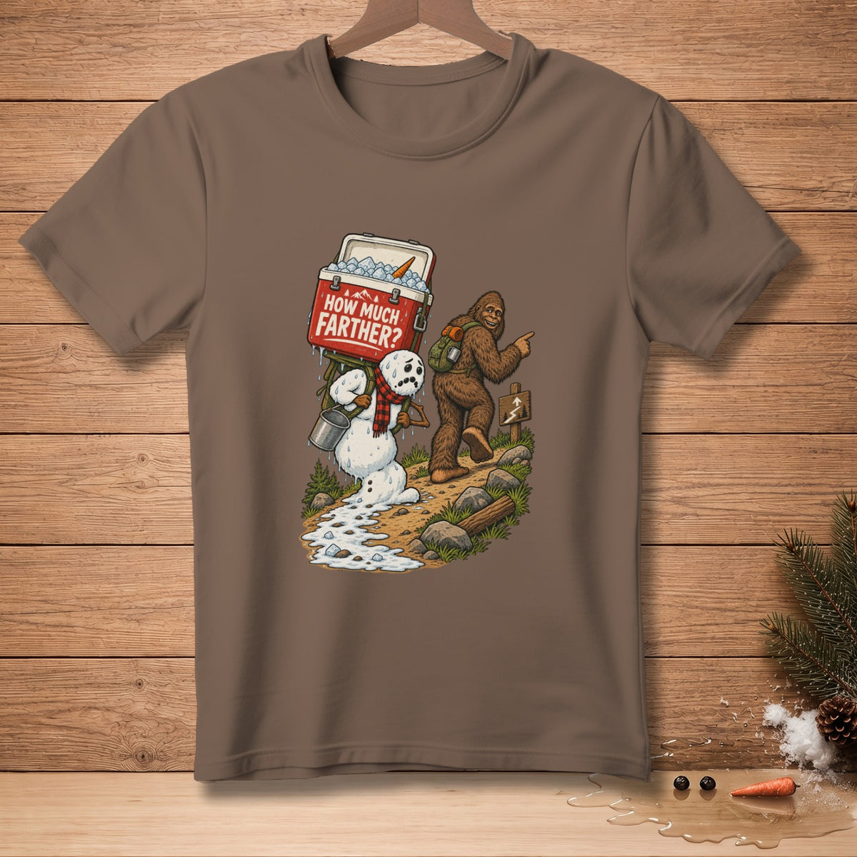 Bigfoot points the way for a melting snowman carrying a cooler with "How Much Farther?" text.