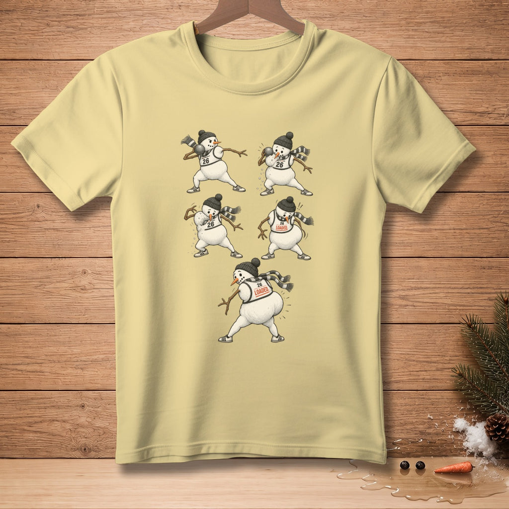 Yellow t-shirt with six snowmen depicted in various weightlifting poses.