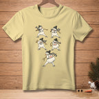 Yellow t-shirt with six snowmen depicted in various weightlifting poses.