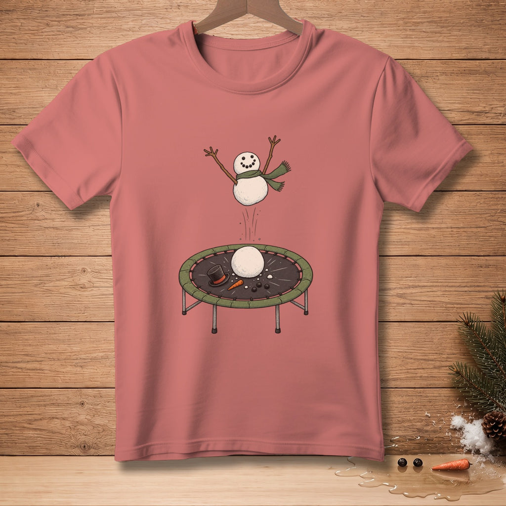 Snowman jumping on trampoline with hat, carrot, and coal.