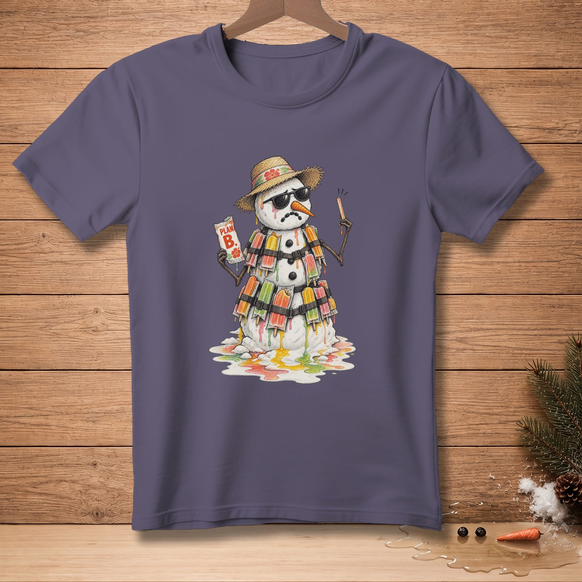 Melting snowman adorned with popsicles holding a "PLAN B" card.