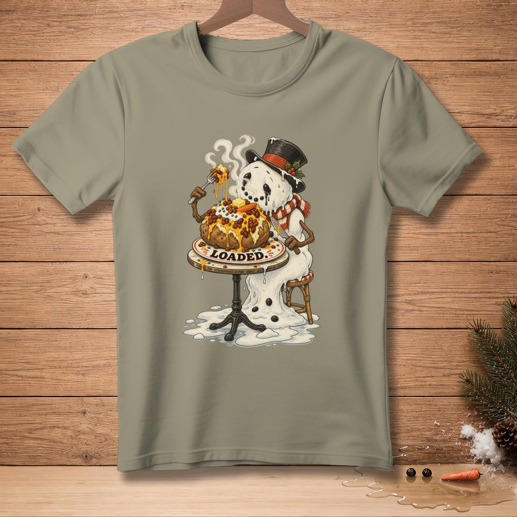 Melting snowman in top hat eats loaded baked potato with fork and knife.