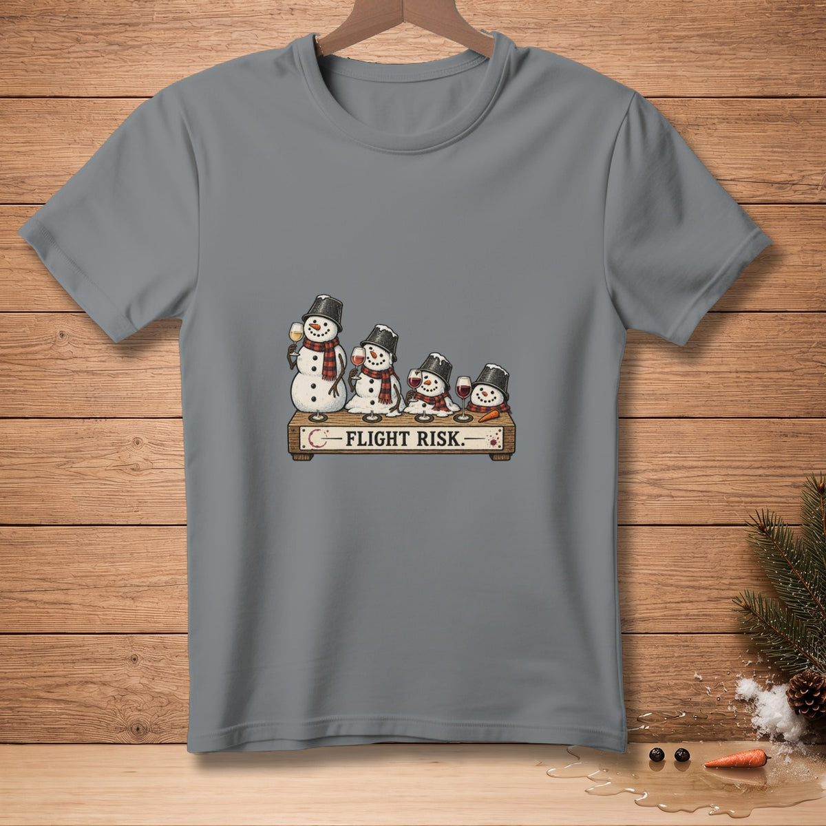 Gray t-shirt with four snowmen drinking wine, text reads "Flight Risk."
