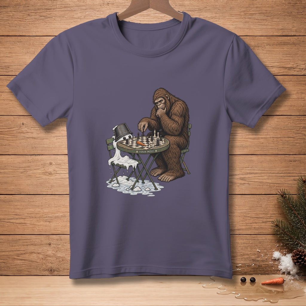Bigfoot plays chess while a snowman melts on his table.
