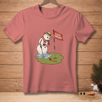 T-shirt graphic of a melting snowman on a golf course with a flag reading "CLOSE ENOUGH."
