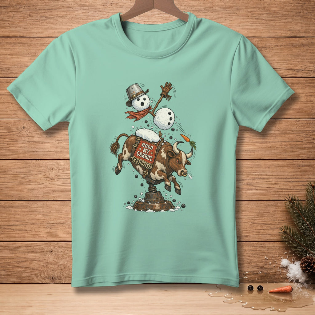 Snowman riding a bucking bull with "Hold My Carrot" text.